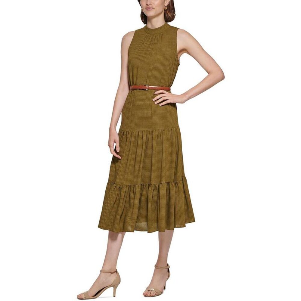 Tommy Hilfiger Womens Green Tiered Long Mock Neck Midi Dress Imperfections